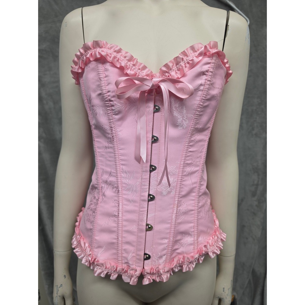 Pink Coquette Floral Jacquard Ruffle Lace Up Corset Top Small Balletcore